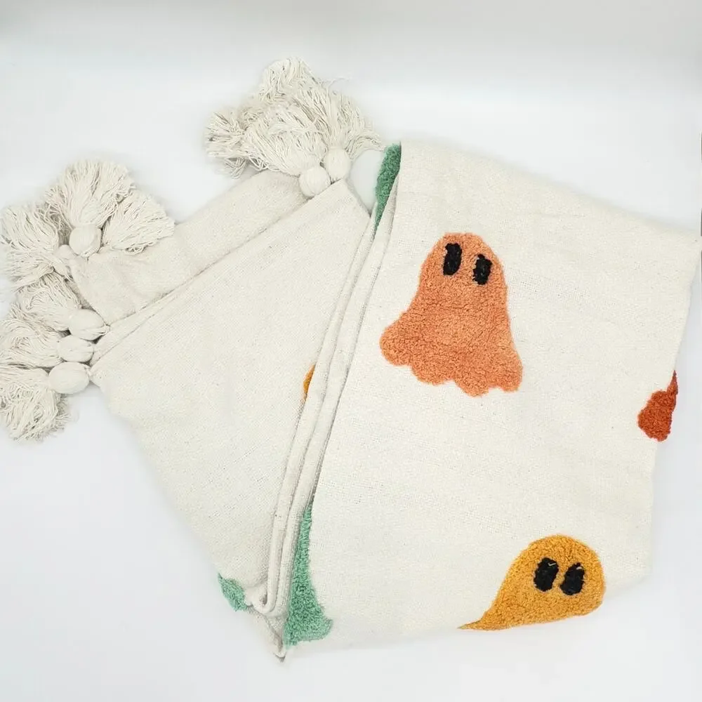 Rachel Zoe Ghost Tufted Halloween Teal Orange Multi Color Throw Blanket Tassels